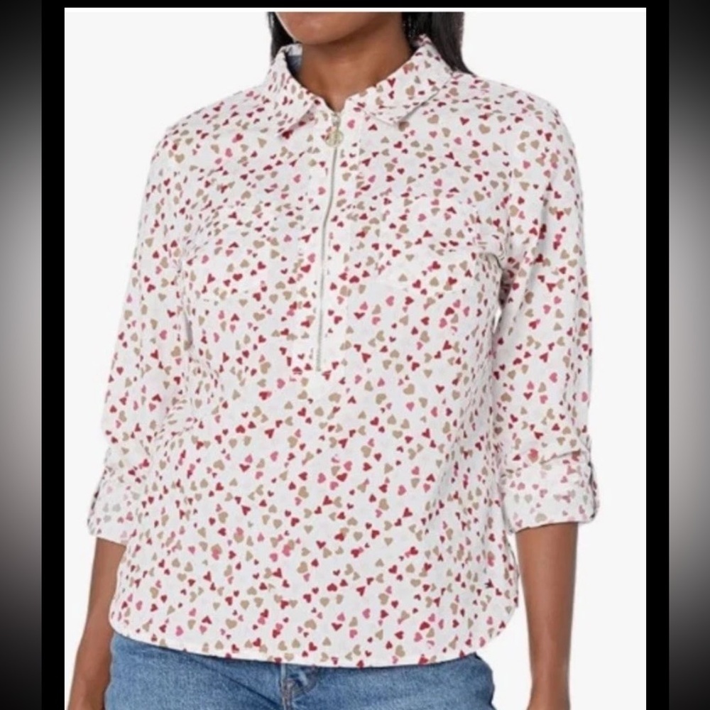 TOMMY HILFIGER HEARTS LONG SLEEVE HALF ZIP ROLL TAB POPOVER SHIRT ~ MISSES LARGE